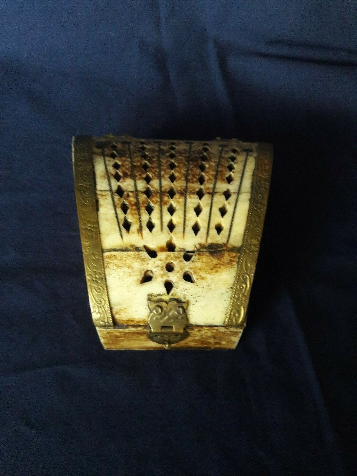 Vintage Polished Bone Brass Jewelry Trinket Box Made in India