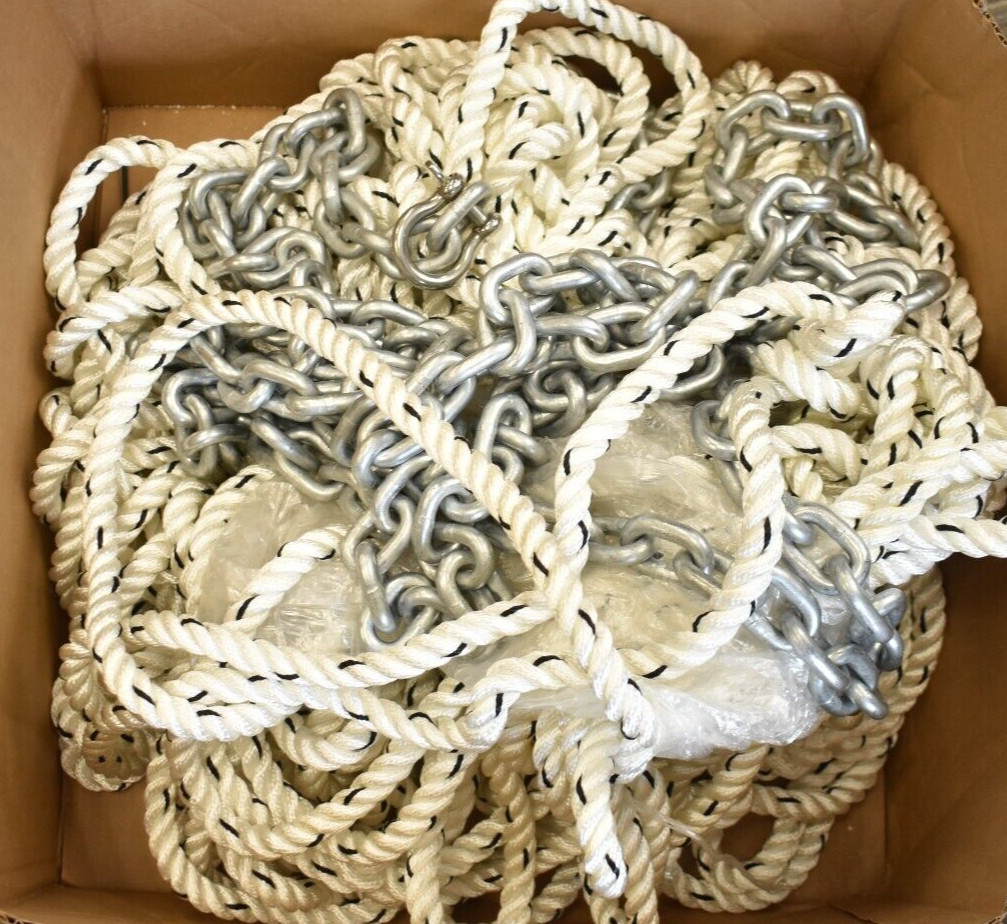 100' Pulling Chain Rope Twist Nylon Braided Cable Cord White/Black w Shackle End