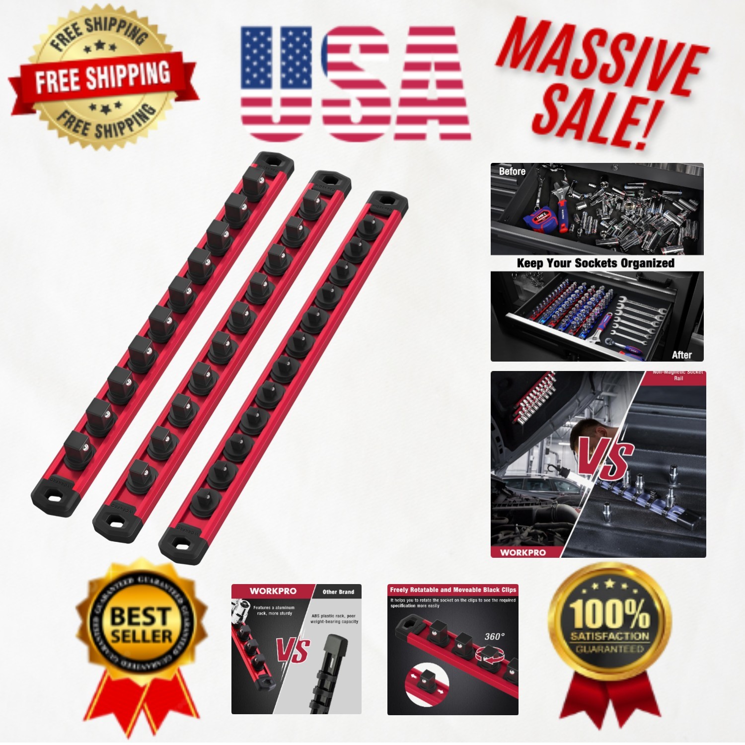 Aluminum Magnetic Socket Rail Kit with Clips - Efficient Storage Solution
