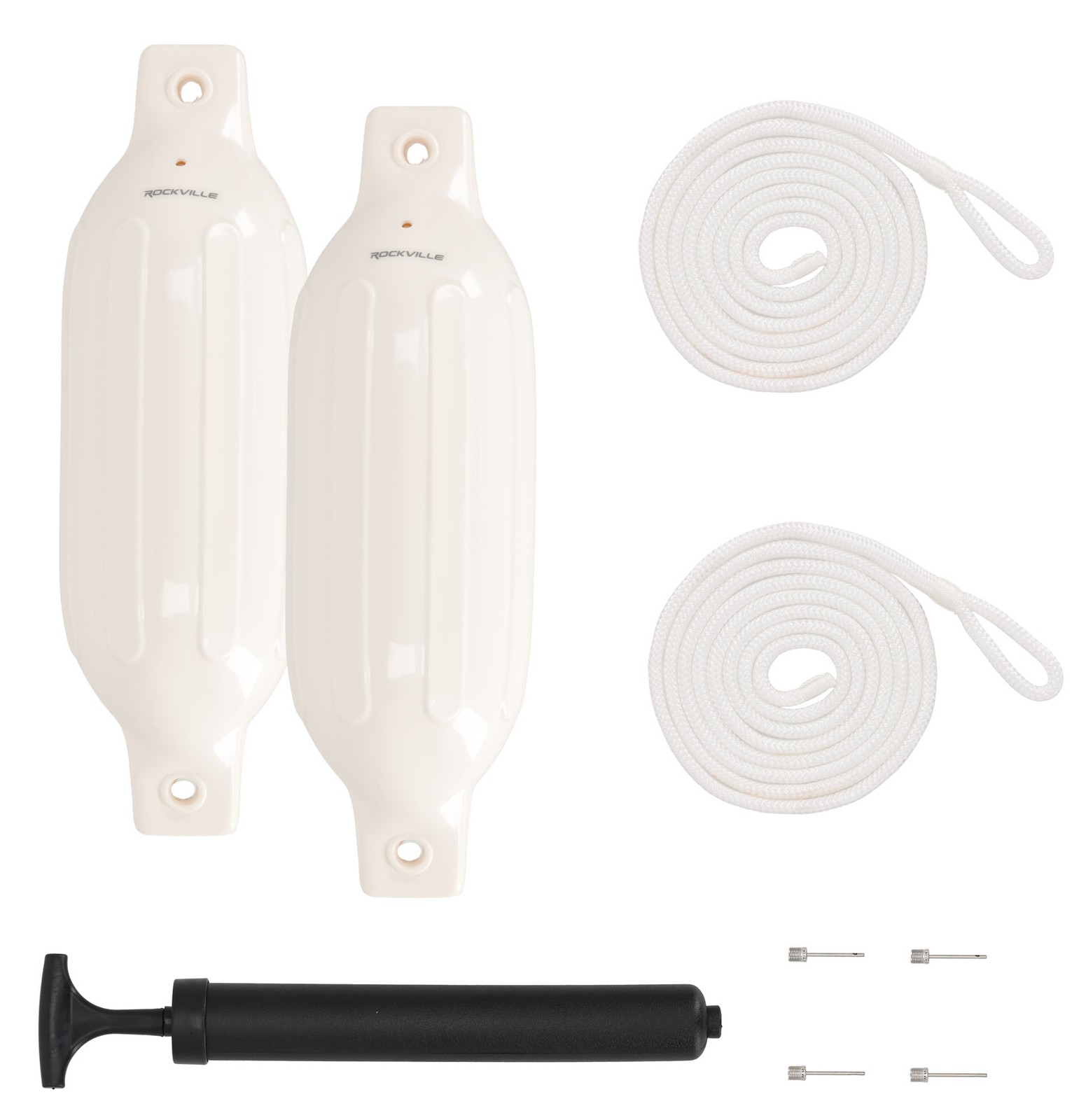 Rockville FEN245-WHITE Boat Fender Package 2 Bumpers 4.5"x16", 2 Lines + Pump