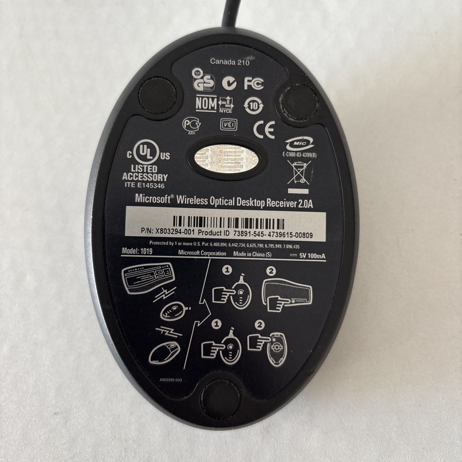 Microsoft Wireless Optical Desktop Receiver 2.0A X803294-001 - Model 1019 - 12