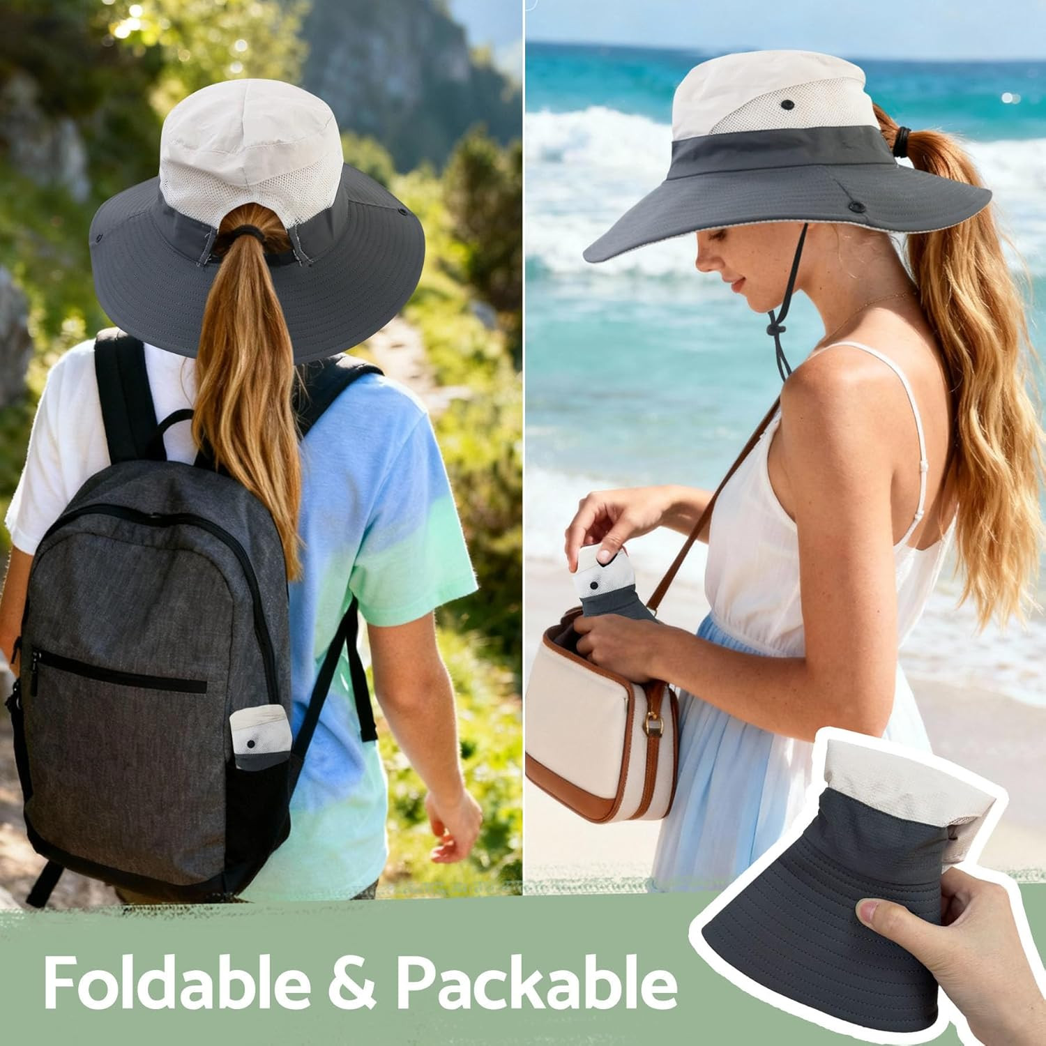 Ponytail Sun Bucket Hats for Men and Women - UPF 50+ Wide Brim Fishing Hats