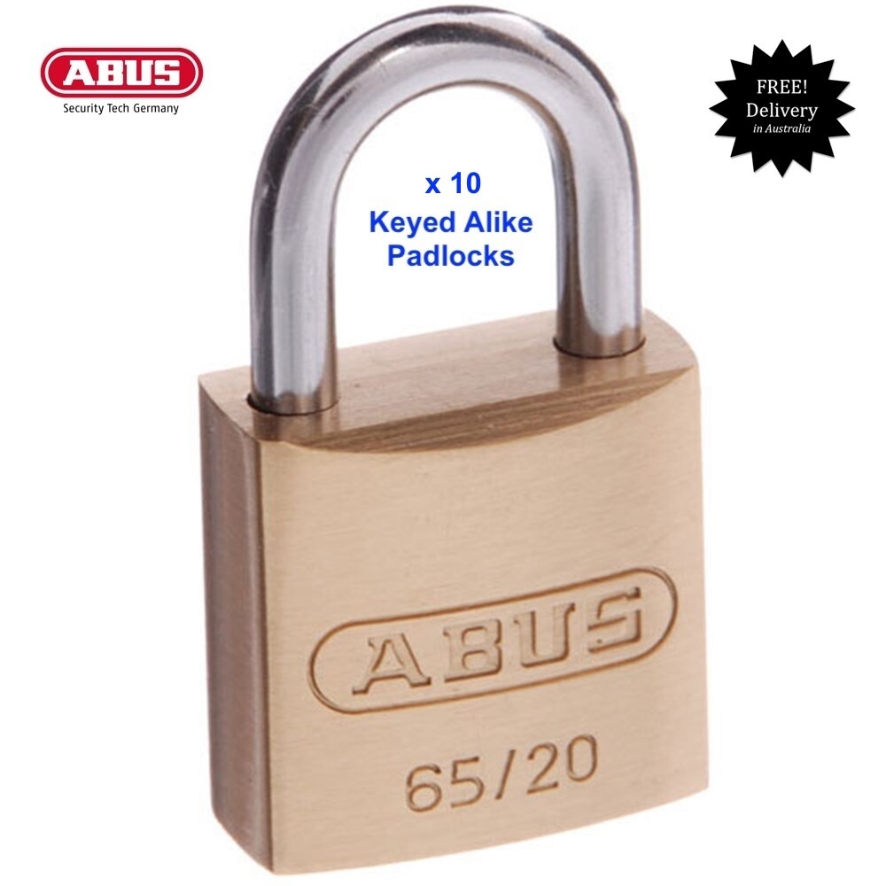 ABUS 65/20 Padlock-Bulk Lot x 10 KEYED ALIKE Brass Padlocks -Free Post