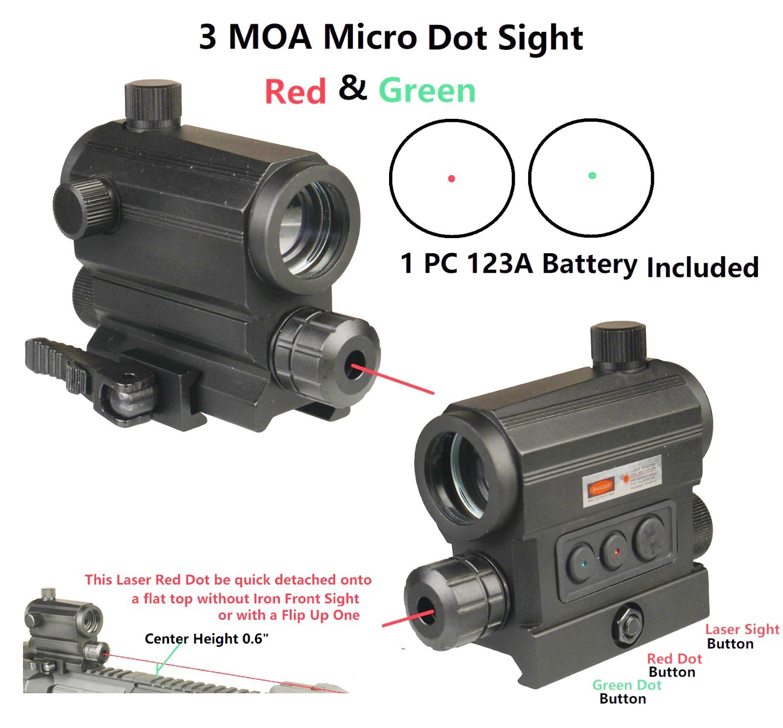 3 MOA Red and Green Dot Sight Red Laser Beam Sight Combo QD Weaver Rail, Battery