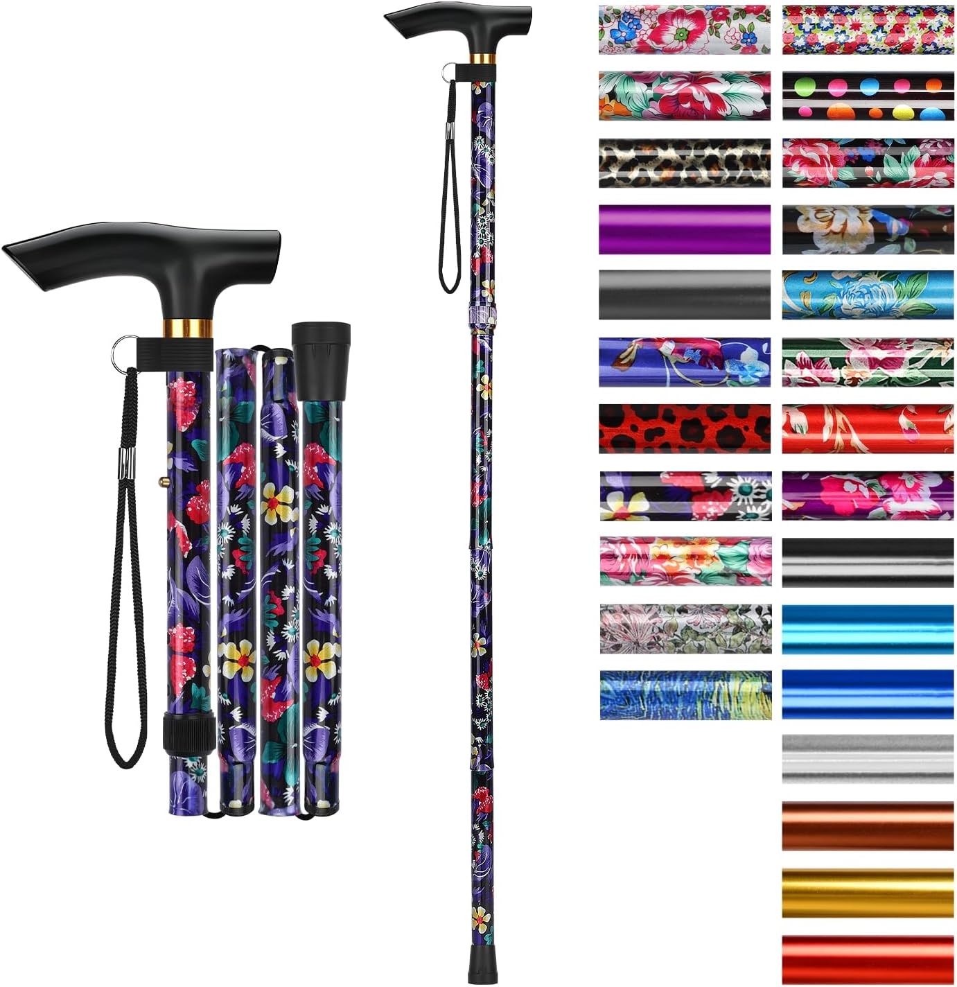 Folding Cane, 5-Level Adjustable Height Walking Stick Lightweight Collapsible Po