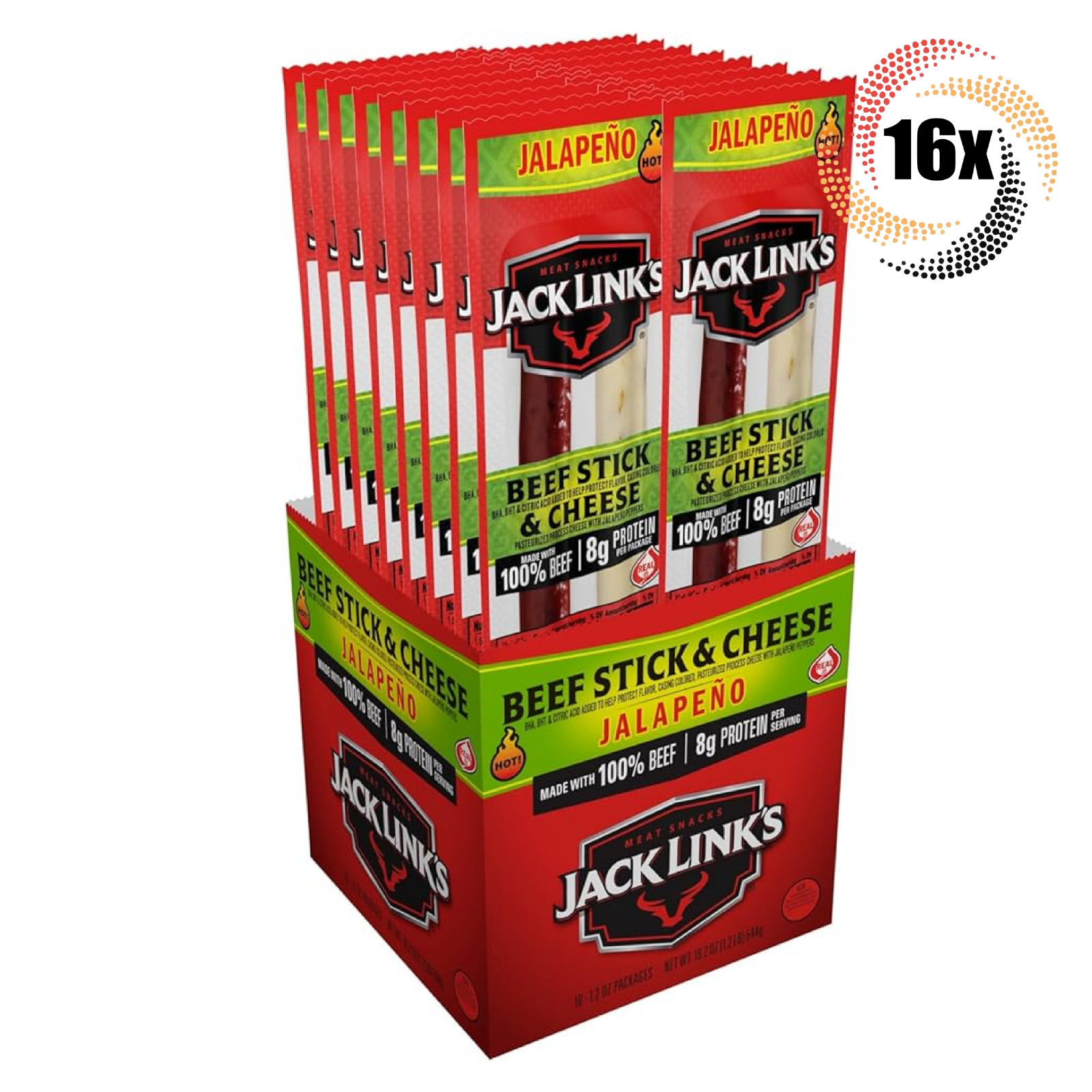 Full Box 16x Packs Jack Link's Jalapeno 100% Beef Stick & Cheese | 8G Protein