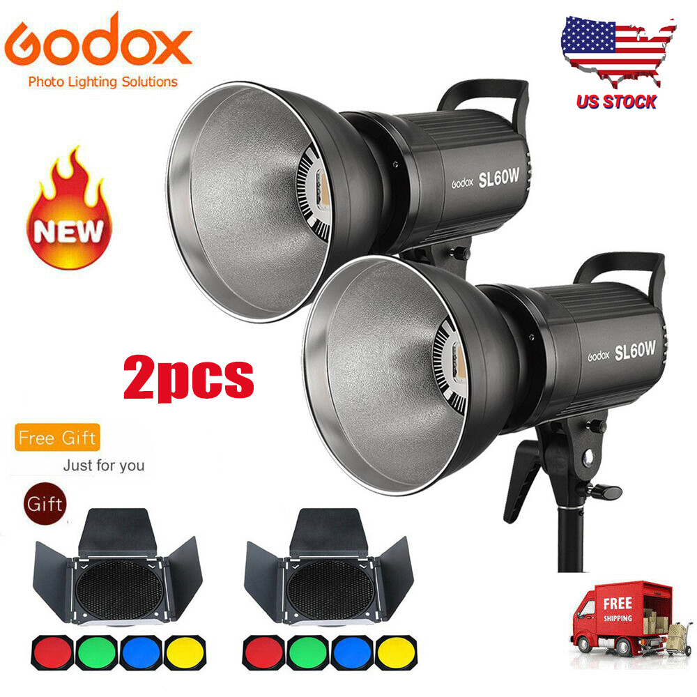 2pcs Godox SL-60W 5600K Studio LED Video Light With Remote+BD-04 Barn Door