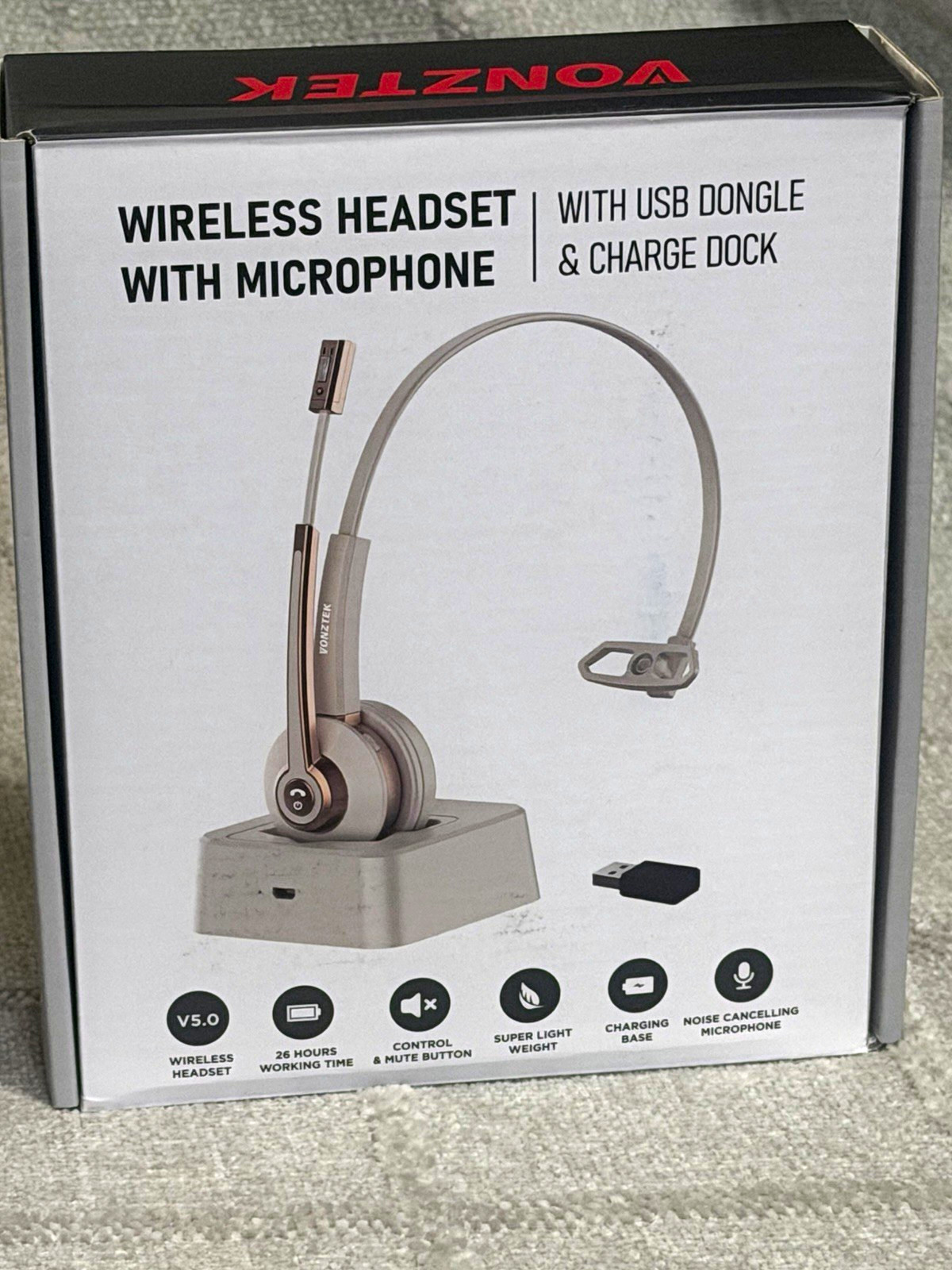 VONZTEK Wireless Headset USB Dongle Charging Base Boom Mic Noise Cancel White