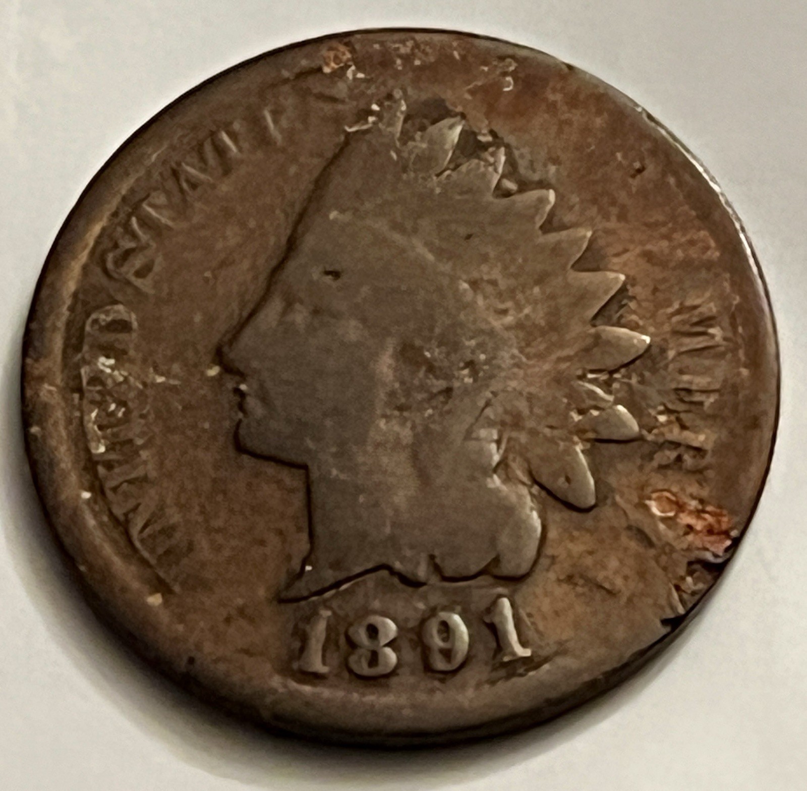 1891 Indian Head Cent Appears Coated Lacquered Surface Filler Coin BN1301