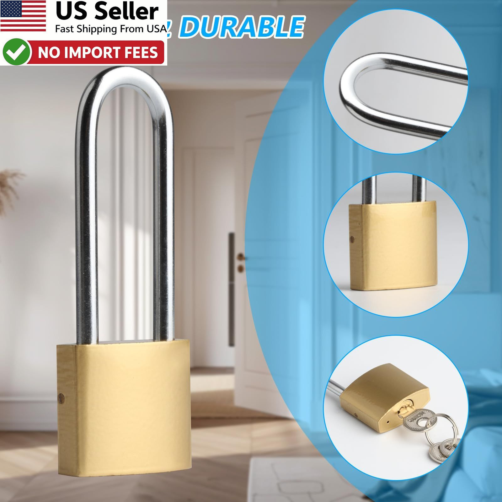 4 PCS Long Keyed Padlock Waterproof Solid Brass 3.4 Inch Same Key Lock FROM USA