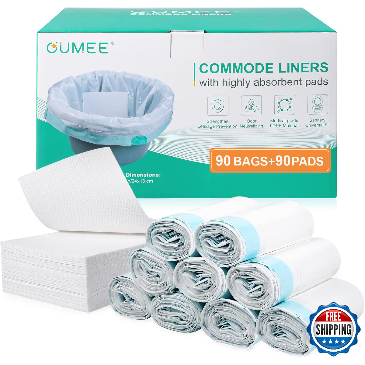 OUMEE 90 Commode Liners & 90 Absorbent Pads for Bedside Toilets, Leak-Proof