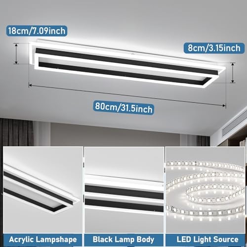 Dimmable Led Ceiling Light with Remote Control 31.5in Modern Linear Flush Black