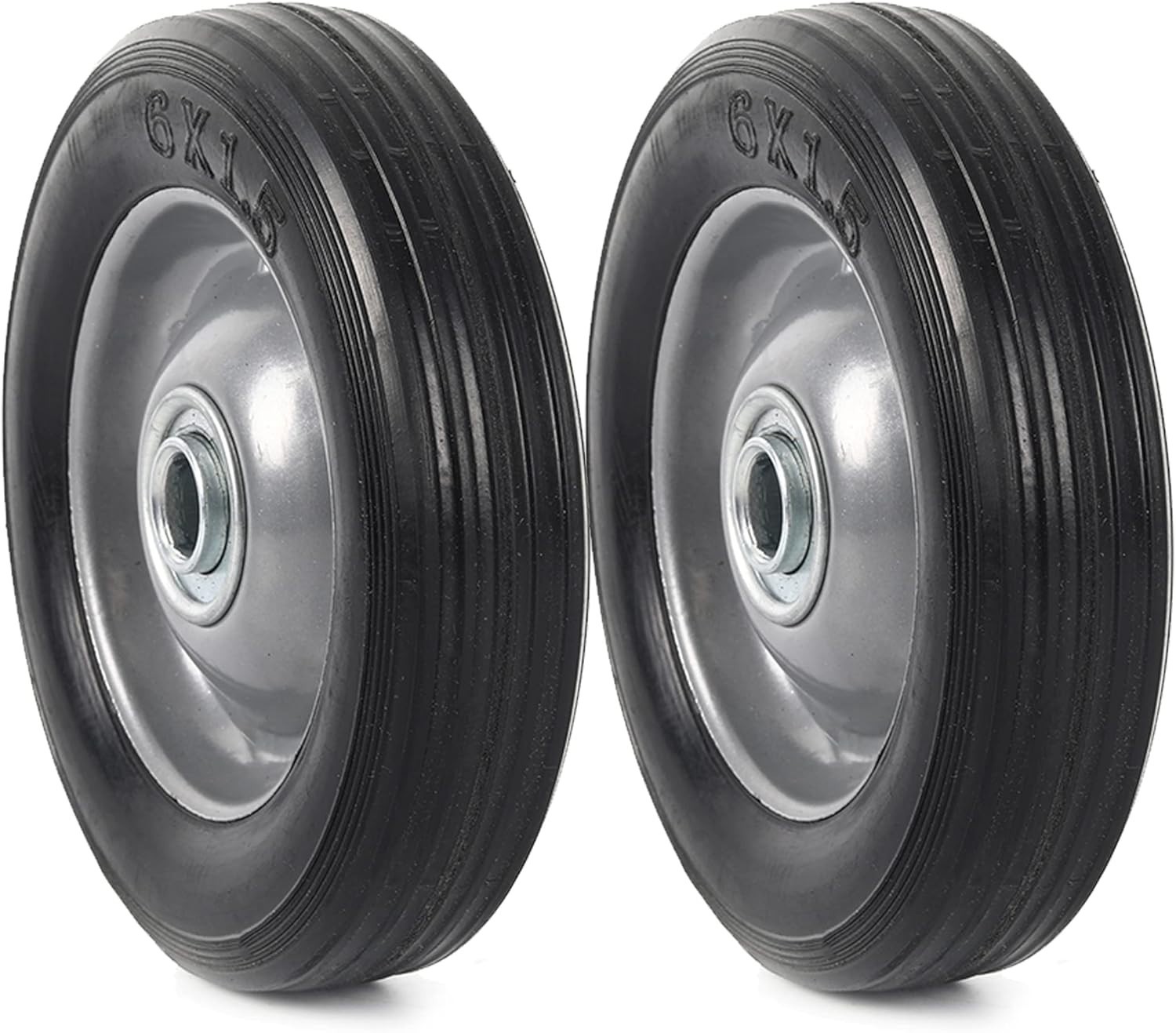 (2-Pack) AR-PRO 6” x 1.5” Flat Free Solid Rubber Wheel Assemblies 5/8" Bore Hole