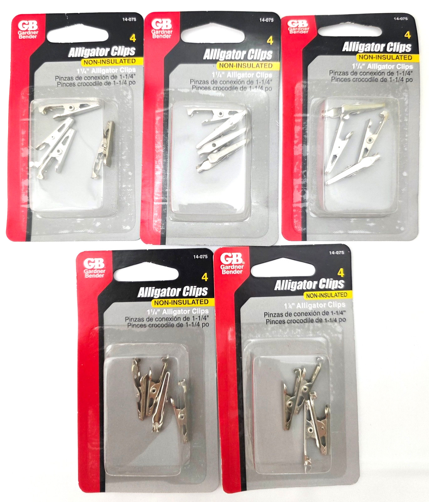 Lot of 5 Gardner Bender 14-075 Packs of 4 Non-insulated 1-1/4" Alligator Clips
