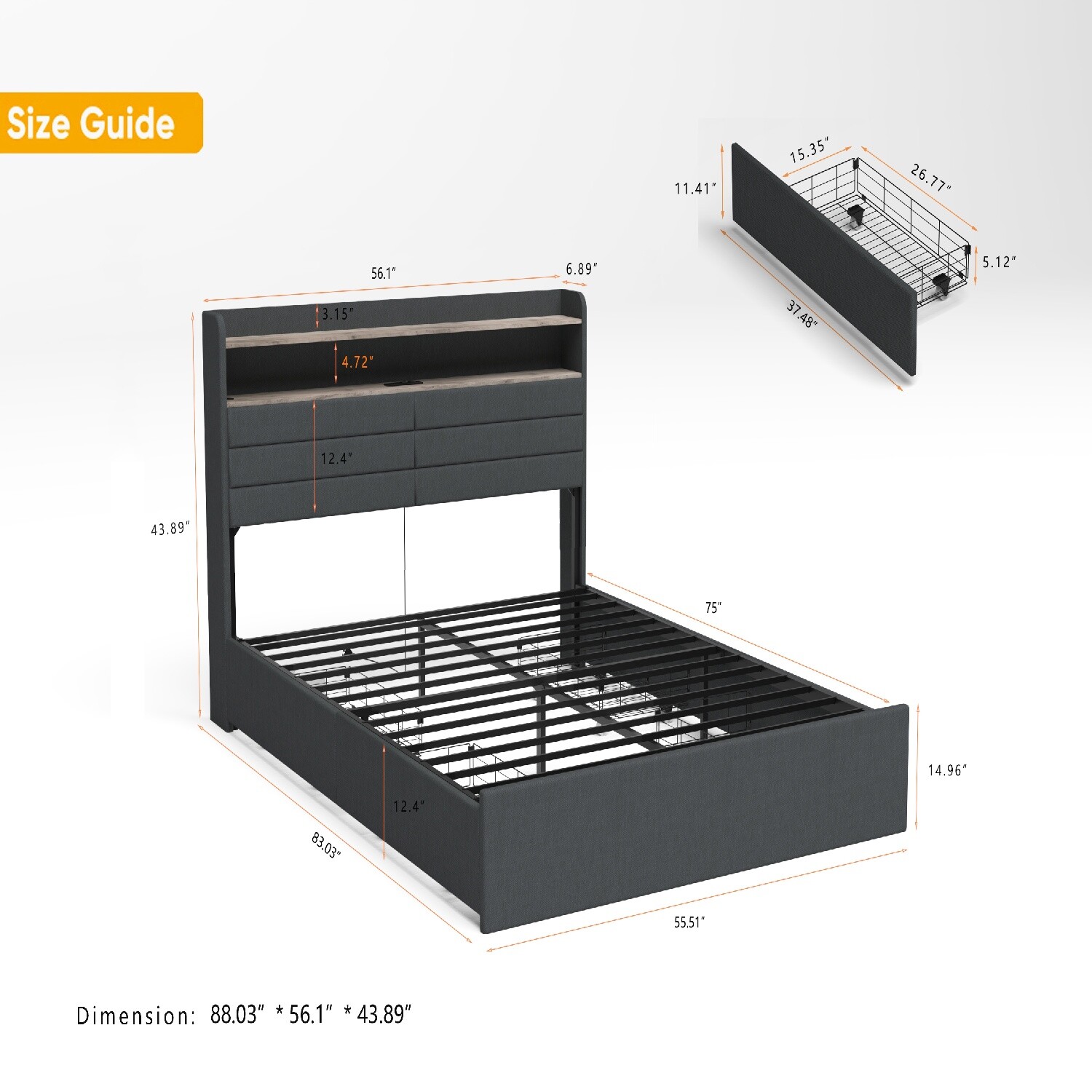 Full/Queen Size LED Bed Frame Upholstered Platform Bed w/ 4 Drawers & Headboard