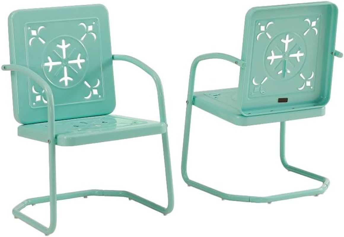 Charming Vintage Aqua Metal Patio Chair Set - 2 Outdoor Dining Chairs