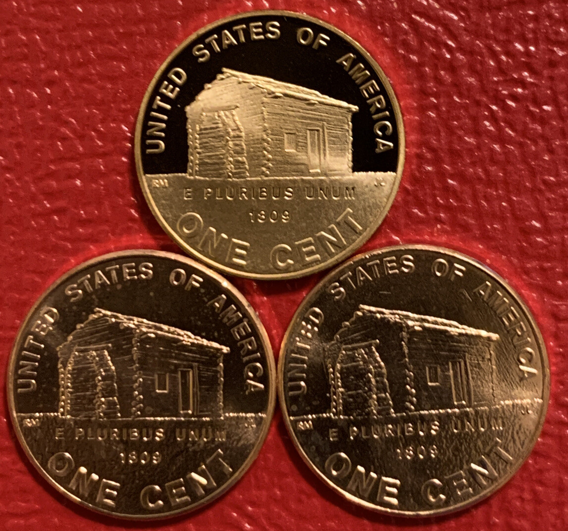 2009 PDS Lincoln Penny Log Cabin Gem Proof & Uncirculated 3 coin Set LP1