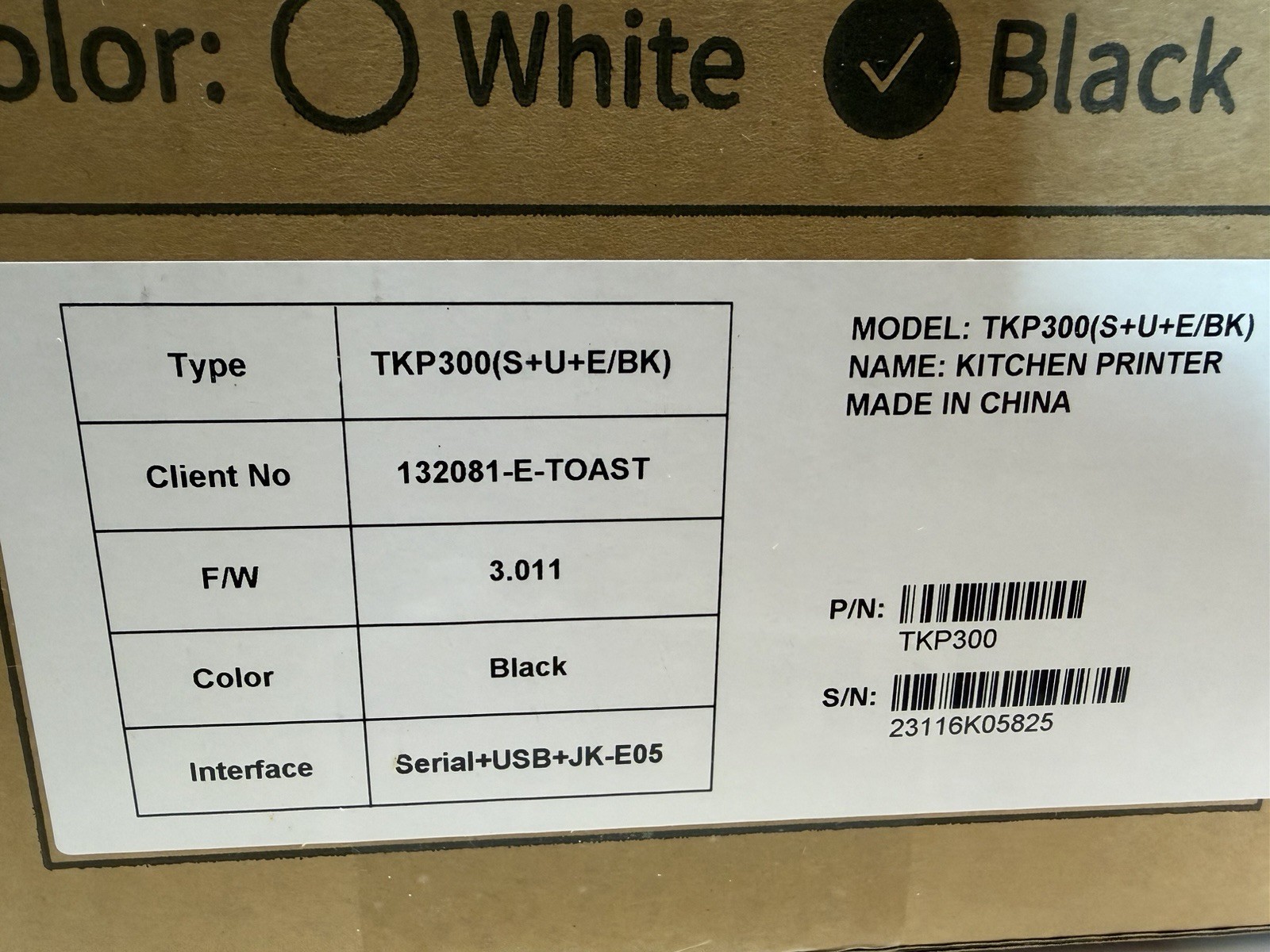 NEW &SEALED TOAST TKP300 POS Kitchen Receipt Printer, Serial, USB, JK, Ethernet