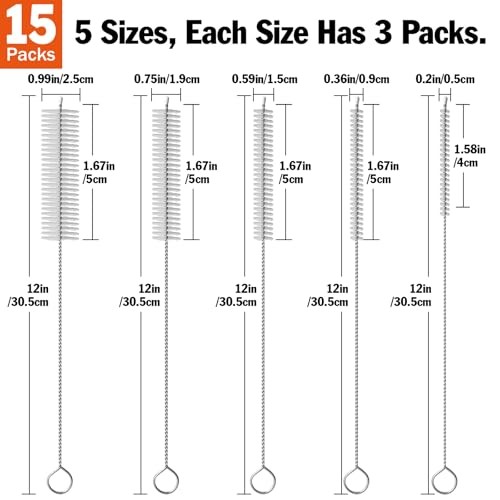 15 Pack Straw Cleaner Brush Set, 12 inch Extra Long, 5 Different Diameters