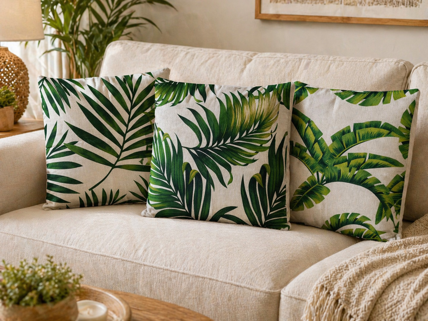 Tropical Leaf Pillow Covers 18x18 Set of 3 Jungle Green Cushion Cases