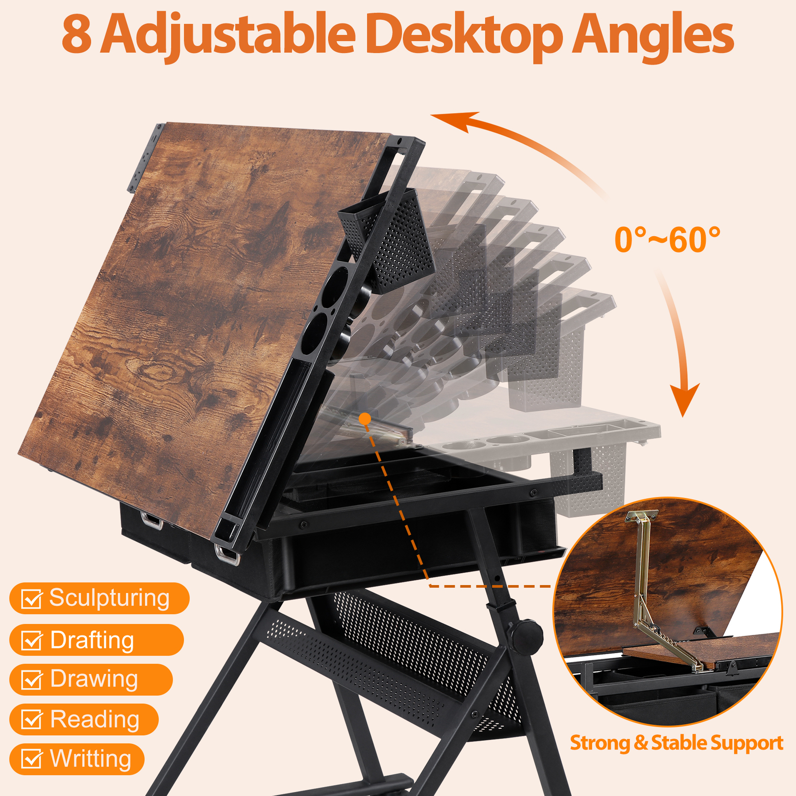 Adjustable Drawing Writing Table Stool w/ 2 Drawers for Artwork Art Desk Retro
