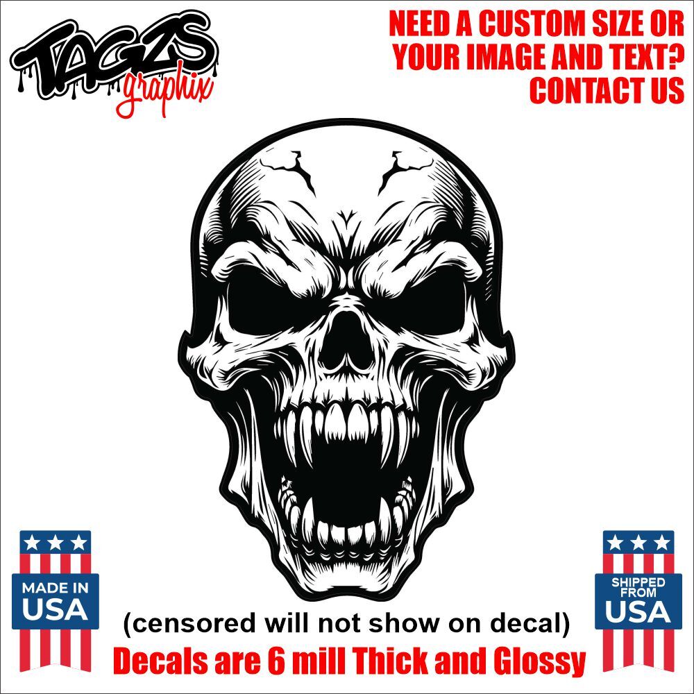 Skull With Fangs Head Printed & Laminated Window Decal Sticker Car Truck SUV