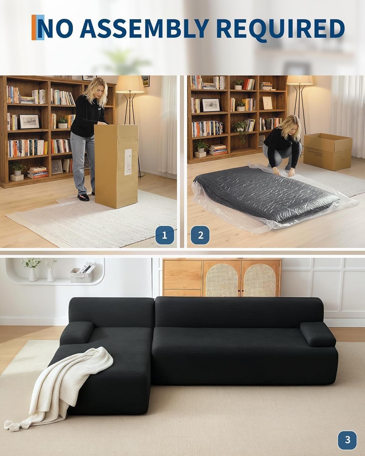 108" Modular Cloud Couch Sectional with Left Chaise, L-Shaped Boneless Sofa