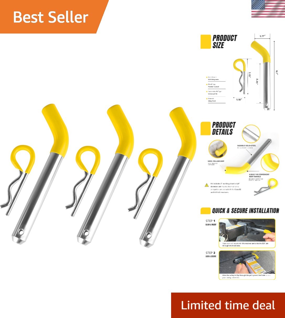 50565 3 Pack Trailer Hitch Pin & Clip with Rubber-Coated Vinyl Yellow Grip, 5...