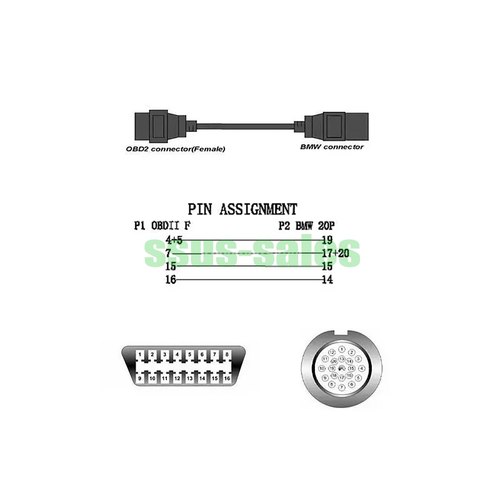 20-Pin to 16-Pin OBD2 Adapter Cable 25CM for BMW E30 E36 E46 E34 E39 E32 E38 E53