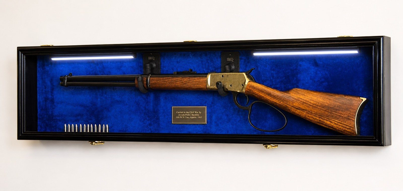 Gun Display Case LED Light Rifle Black Blue Wood Shotgun Shadow Box 44" Cabinet