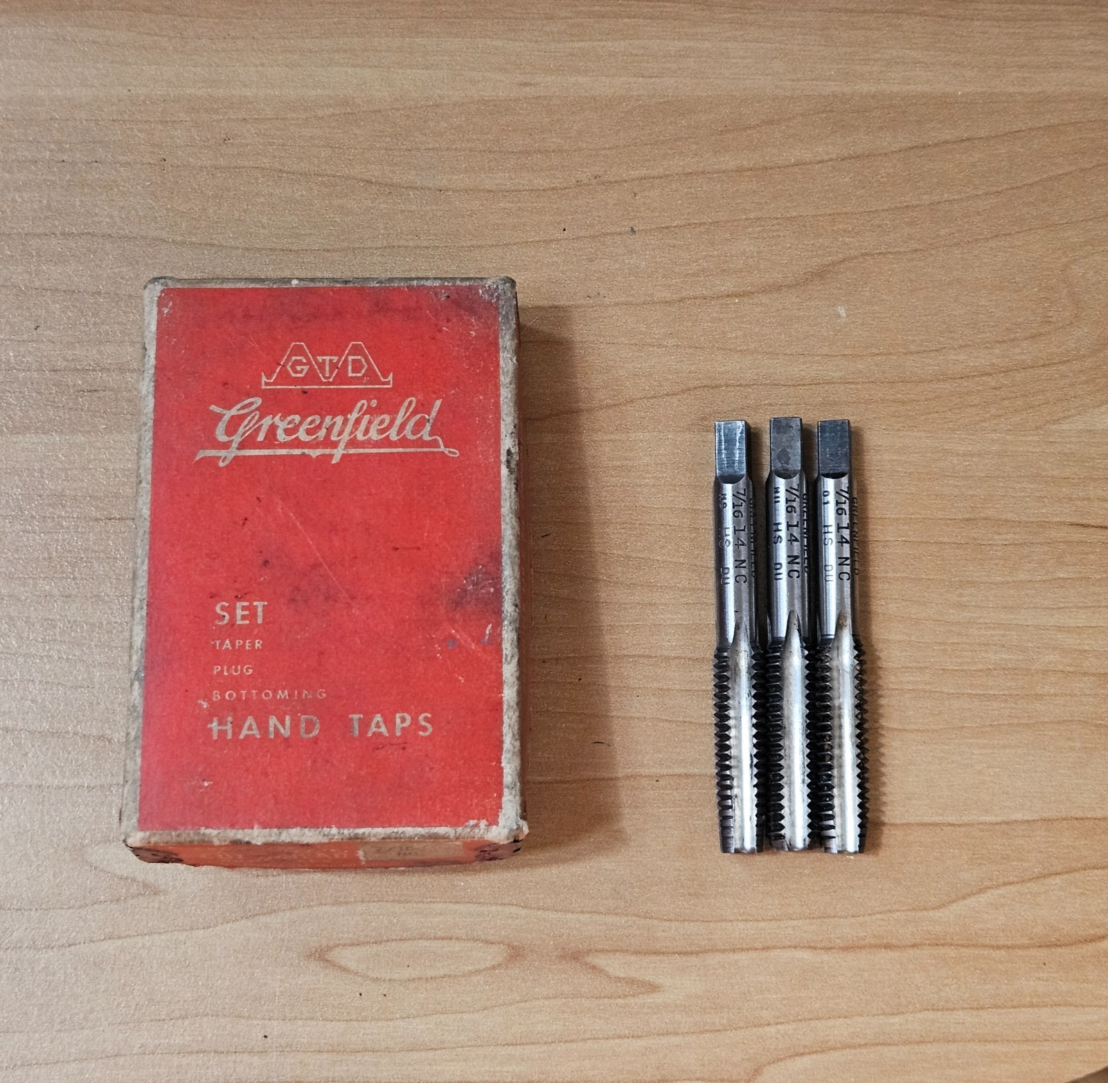 Vintage GTD Greenfield Tap & Die Corp. 7/16" 14 NC High Speed Hand Taps Set USA