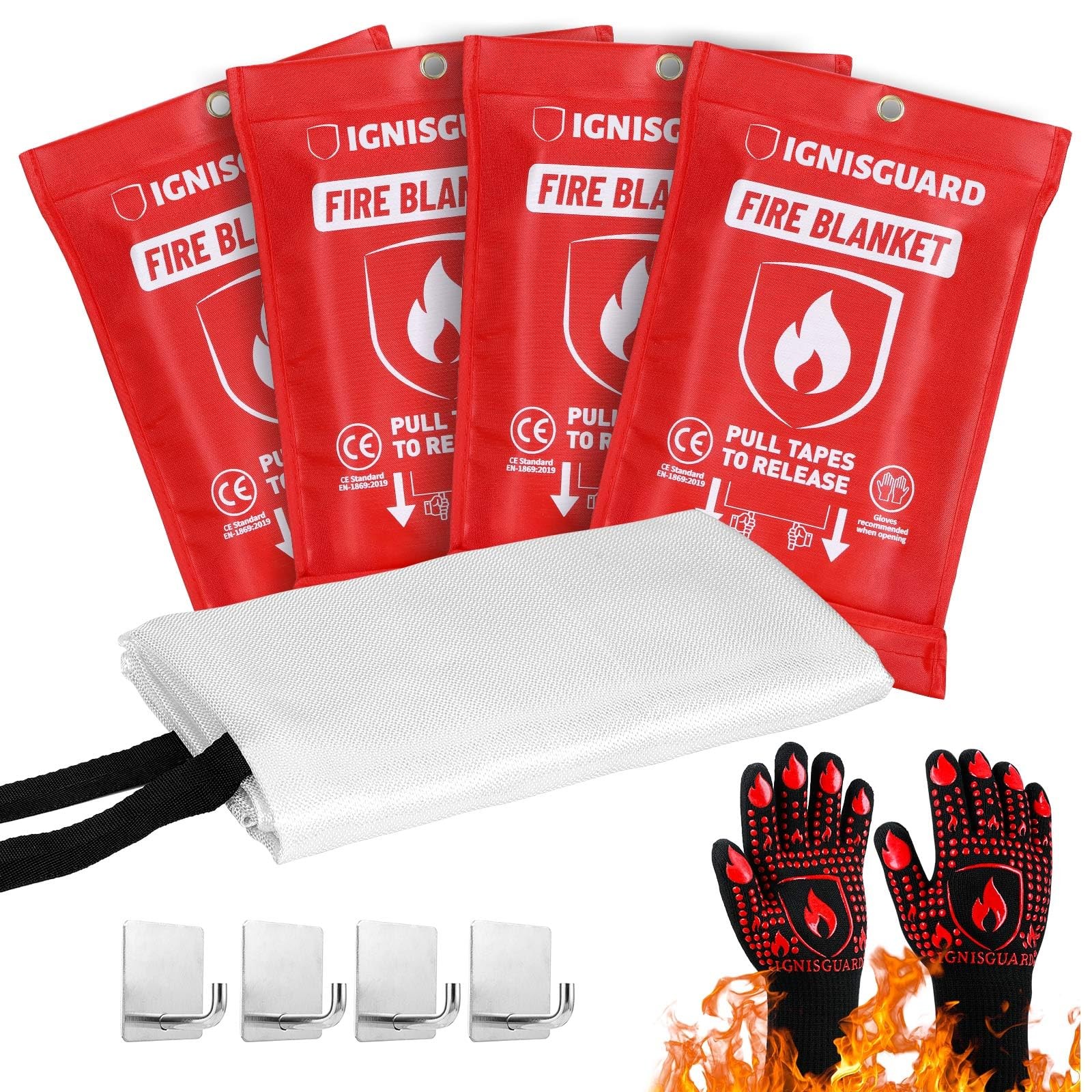 Fire Blankets 4 Pack, 40x40in with 1 Pair Fire Resistant Gloves & 4 Hooks, Fi...
