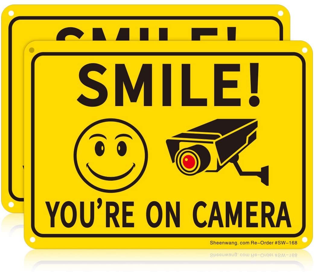 Smile You’re on Camera Sign Video Surveillance Aluminum 10x7 in Security 2 PACK