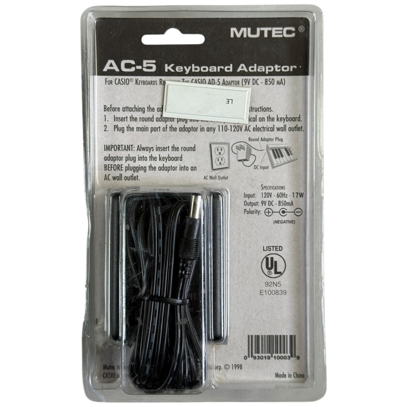 Mutec AC-5 Keyboard Power Adapter Replacement for Casio AD-5 - NEW SEALED!