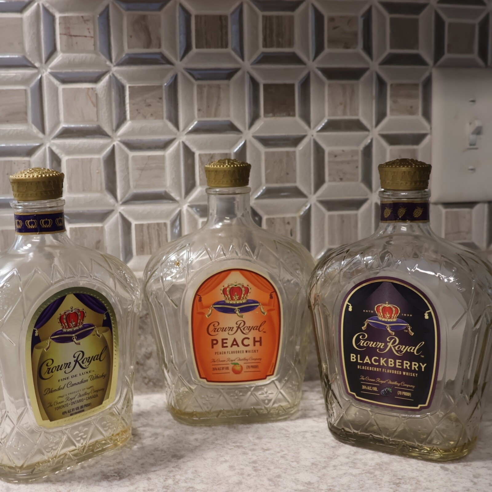LOT 3 CROWN ROYAL Empty Bottles 750ML /CANADIAN WHISKY, REGAL PEACH & BLACKBERRY