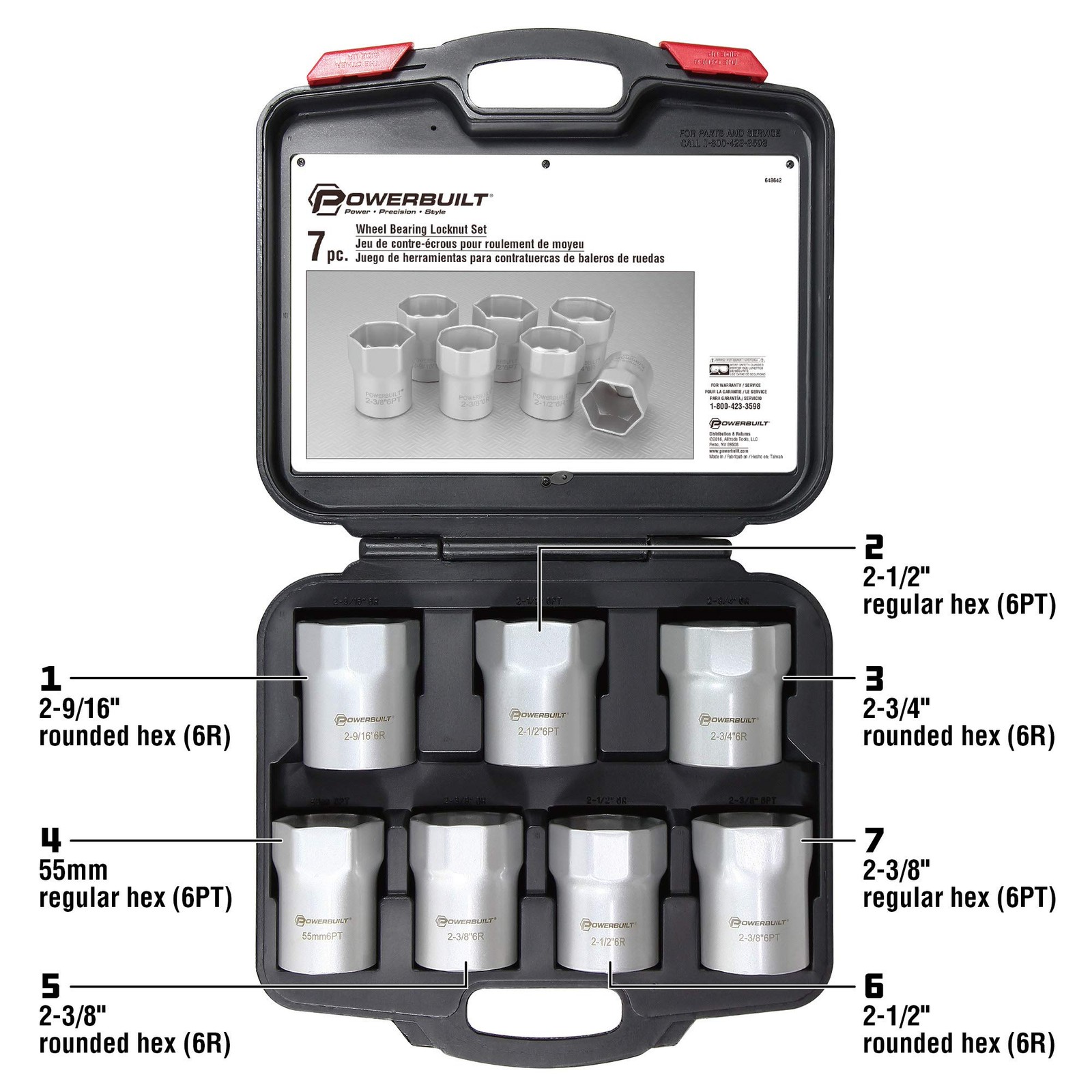 Powerbuilt Wheel Bearing Locknut Socket Set, 7 Piece Remover Silver, Silver