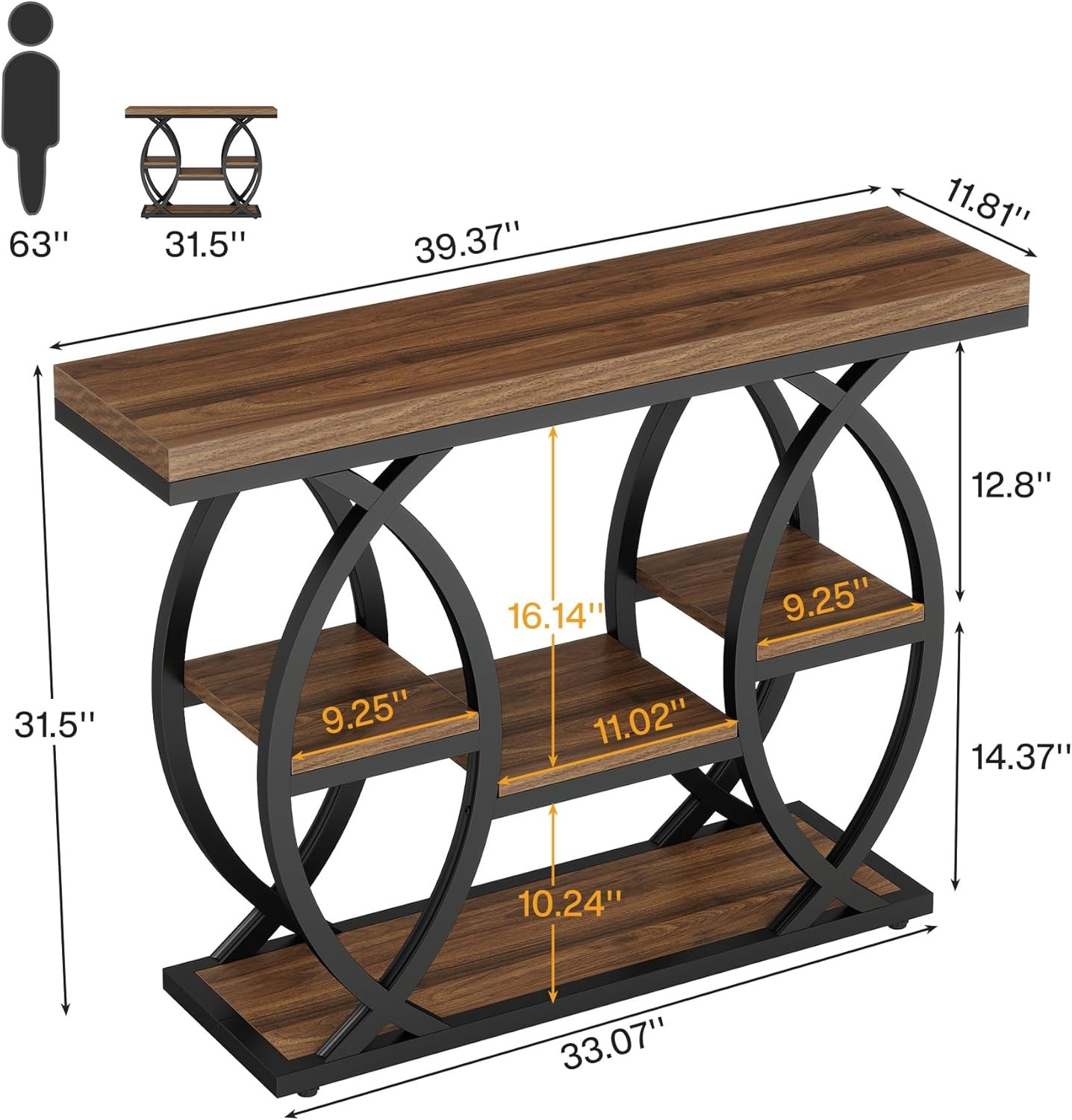 39.4" Console Table, Industrial 4-Tier Entryway Sofa Table with Storage Shelves