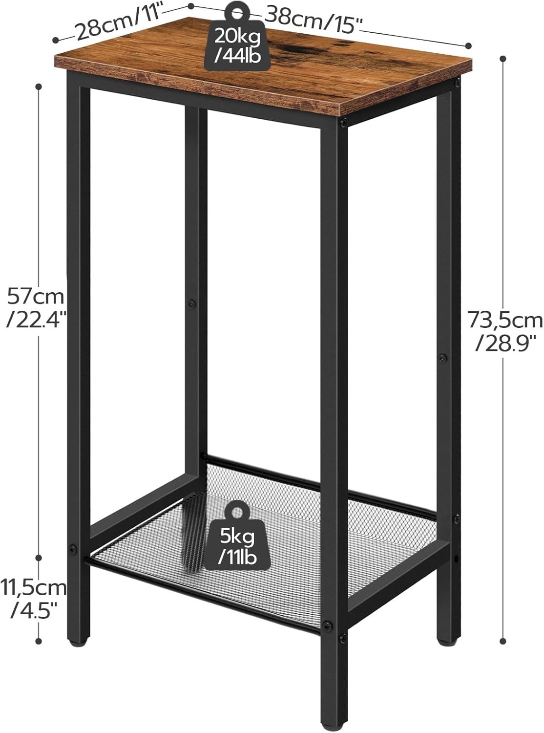 2PCS Industrial End Telephone Table with Adjustable Mesh Shelves Rustic Brown