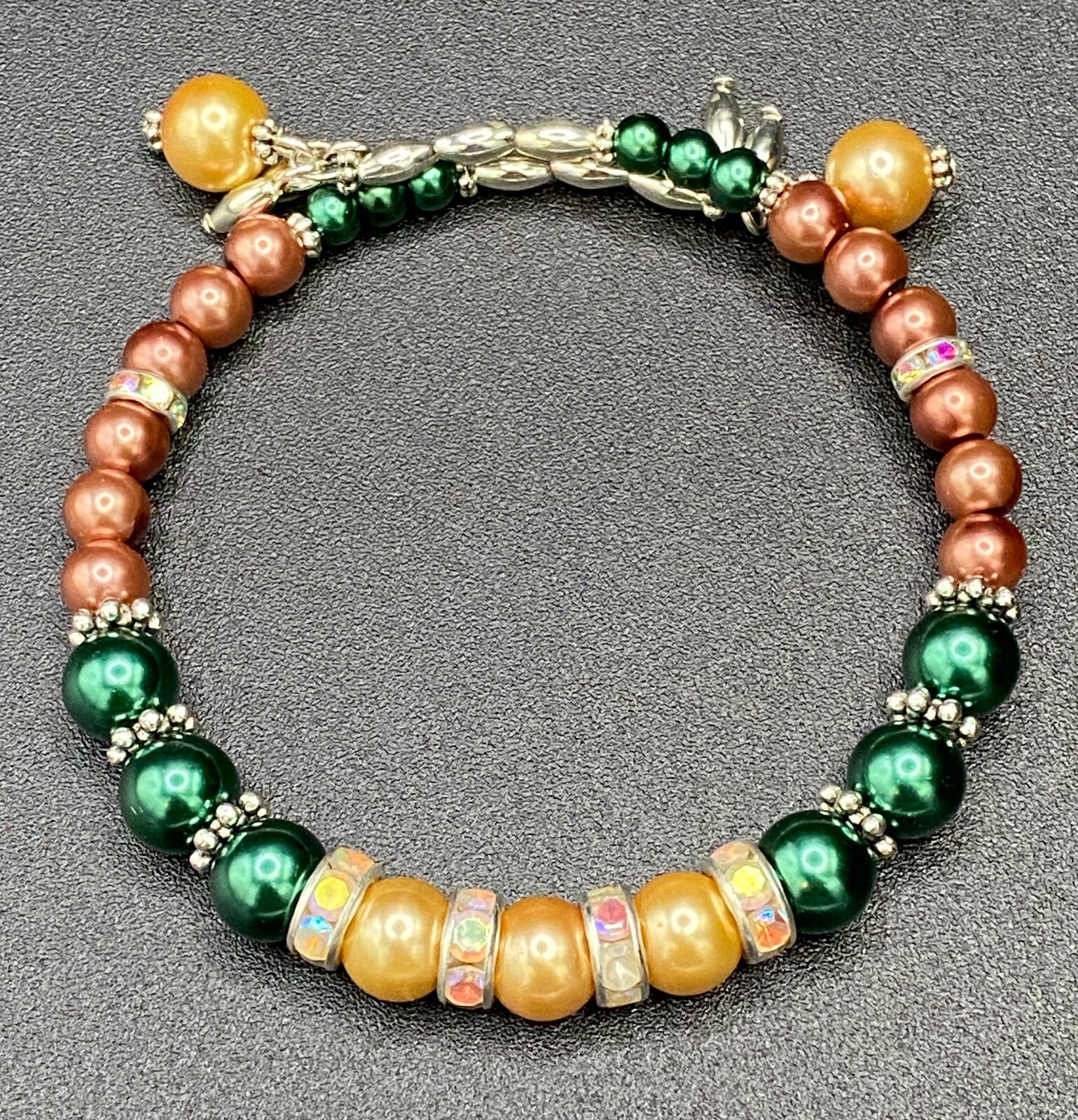 Handmade Champagne Brown & Green Faux Pearl Memory Wire Bracelet by Neanie-Bot
