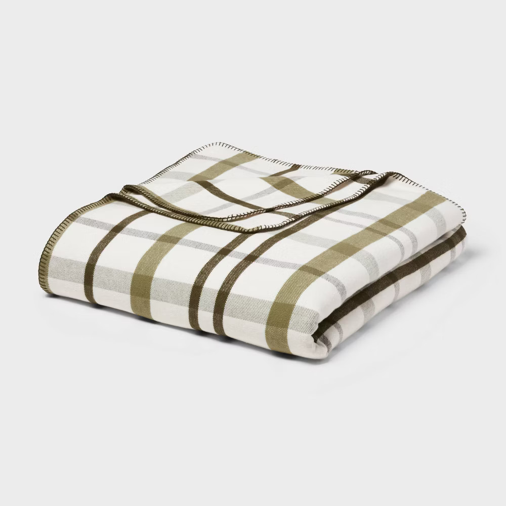 King Brushed Cotton Blanket Green Plaid - Threshold