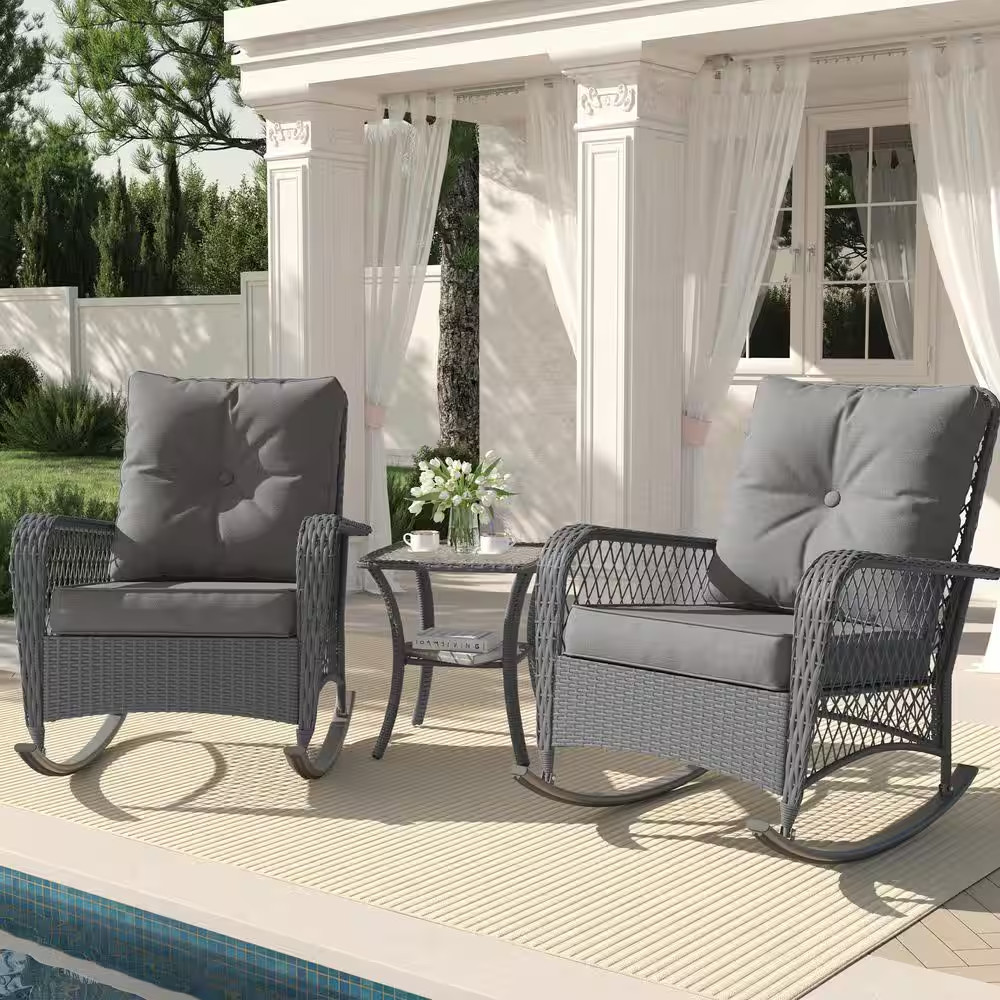 3-Piece Wicker Outdoor Rocking Chair Set, Patio Swivel Chairs with Cushions and