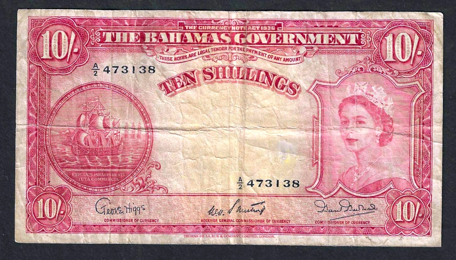 BAHAMAS 10 SHILLINGS  (1953) ~ P-14b ~ TOUGH SWEETING-BURNSIDE SIGNATURES