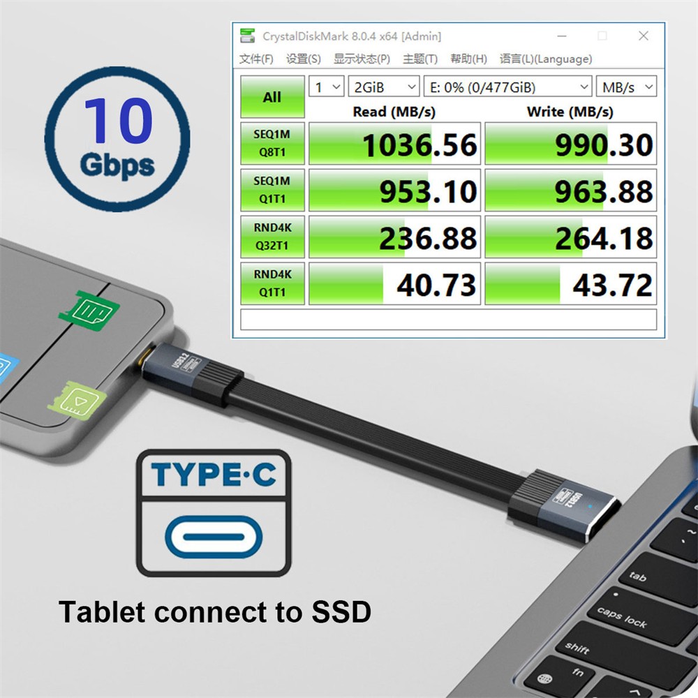USB A to USB C Flat Cable,USB 3.2 Gen2 10Gbps Data Transfer PD 15W Fast Charging