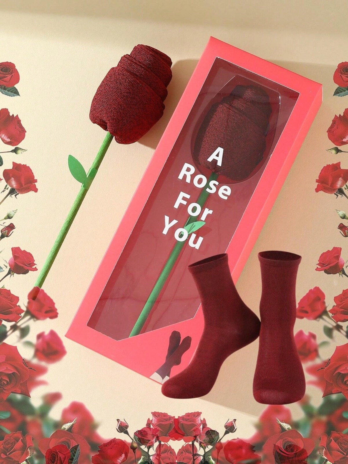 1 Pair Unisex Crew Socks With Unique Rose Flower Gift Box, Valentines Gift