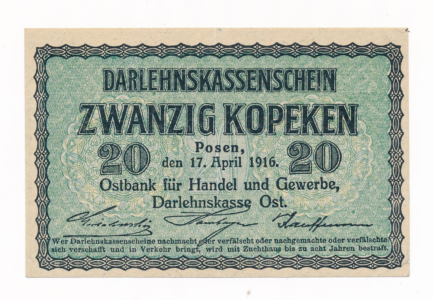 Germany Occupied Territories - Lithuania 20 Kopeken 1916 R120 gEF Note