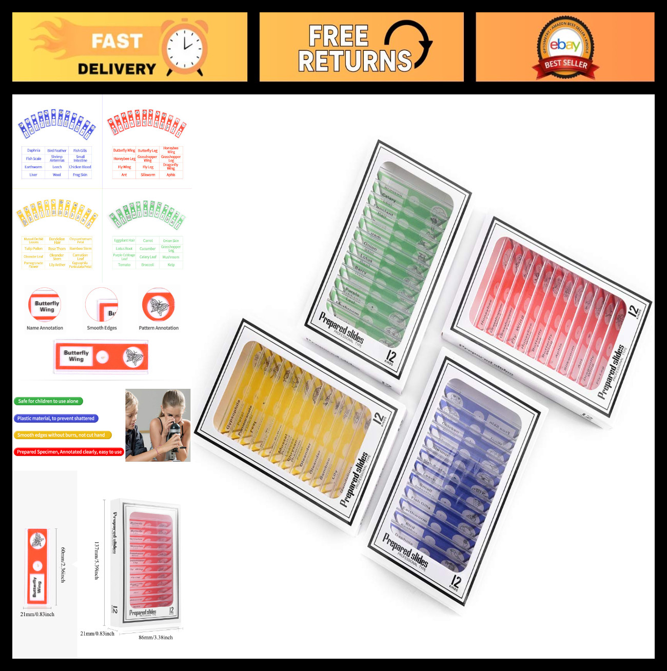 48pcs Plastic Microscope Slides for Kids & Adults - Animals, Insects, Plants Sam