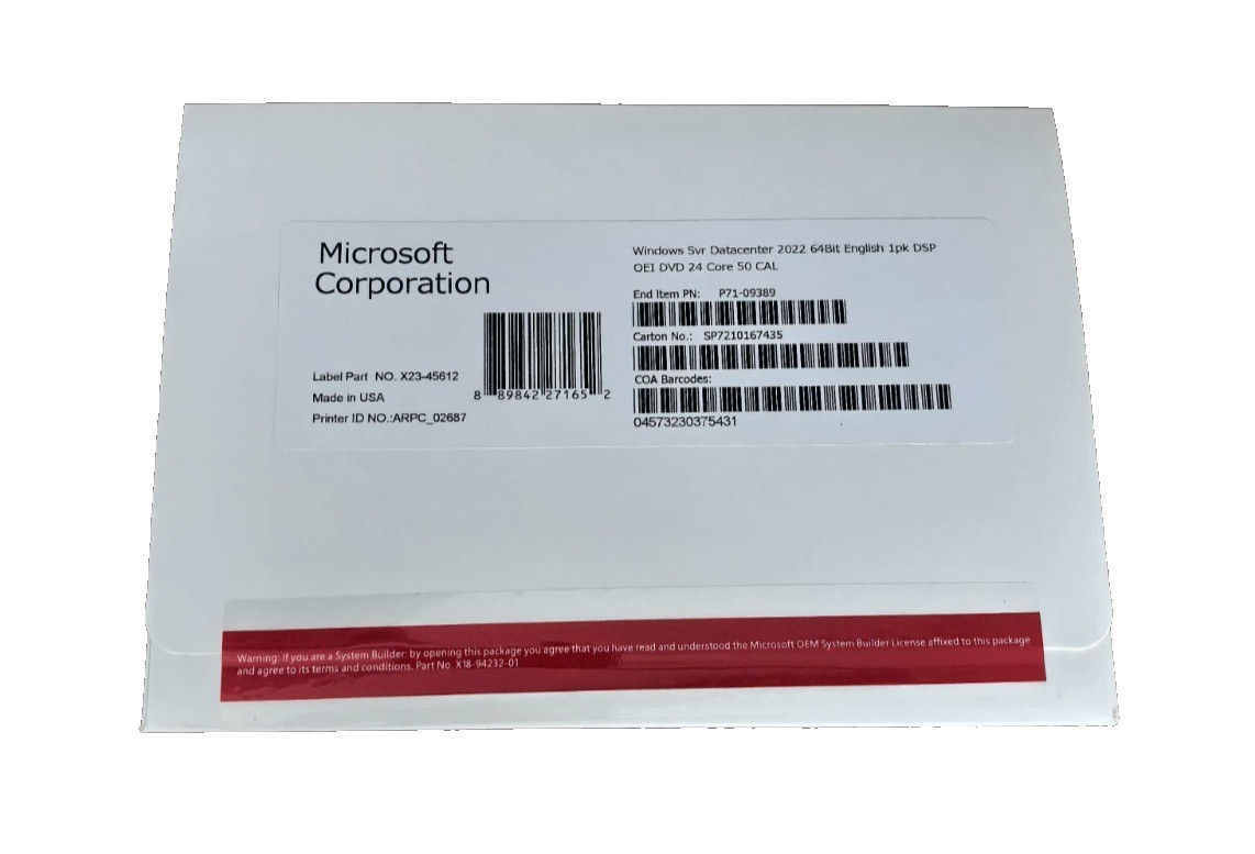 Win Server Datacenter 2022 64-Bit DVD 24 Core 50 DAL Brand New + Free Shipping