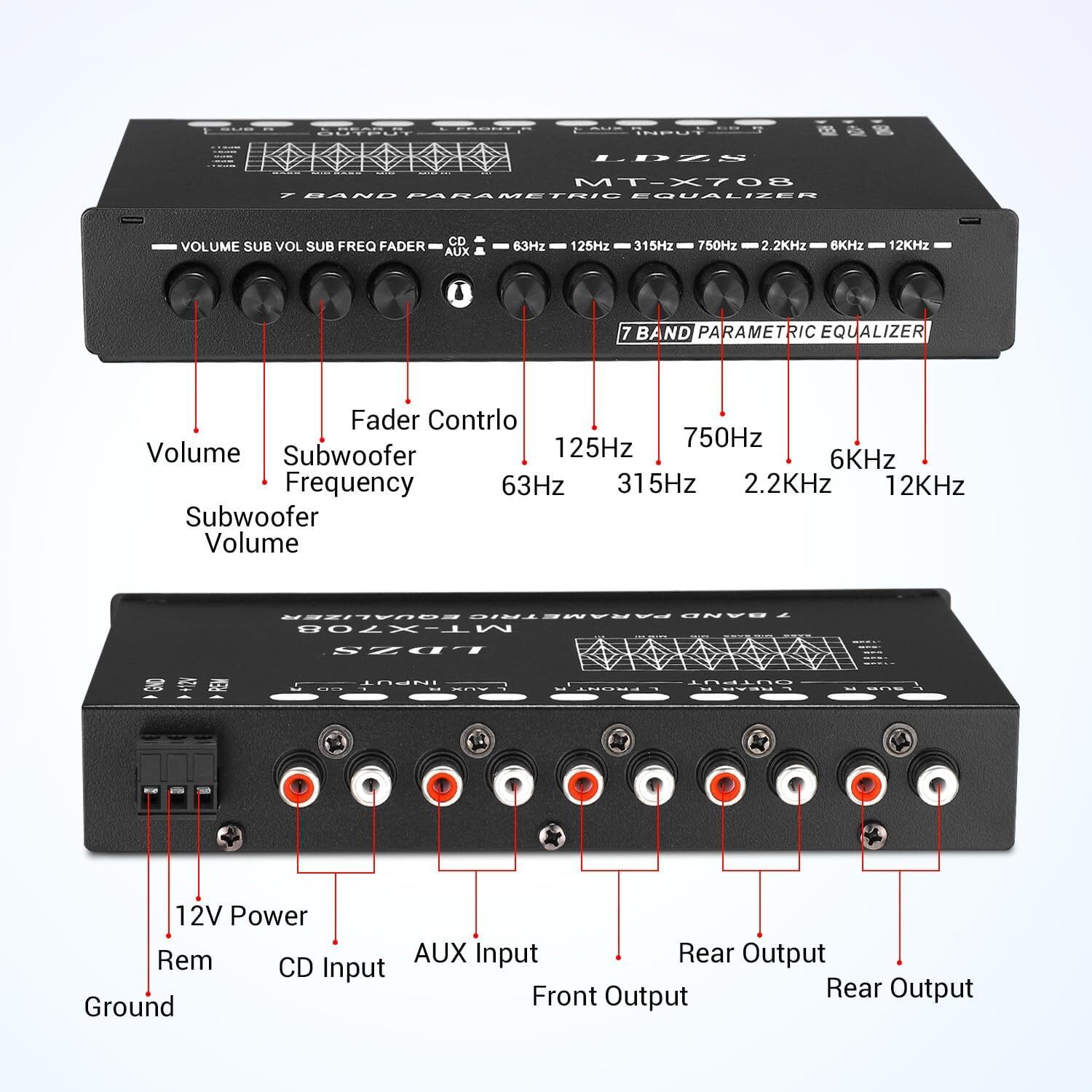 7 Band 1/2 Din Parametric Car Audio Equalizer with AUX-and-CD Input Switch I0K1