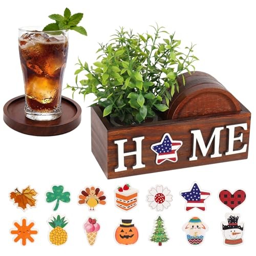 4 Pcs Wood Coasters for Drinks with Holder, Interchangeable Home Sign Green