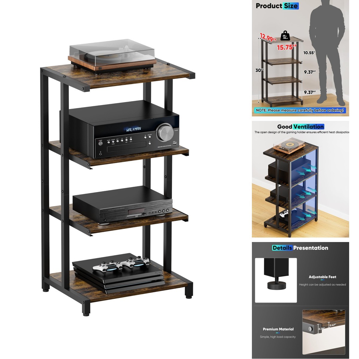 Ardier 4-Tier Wooden Media Stand, AV Media Stand Corner Shelf TV